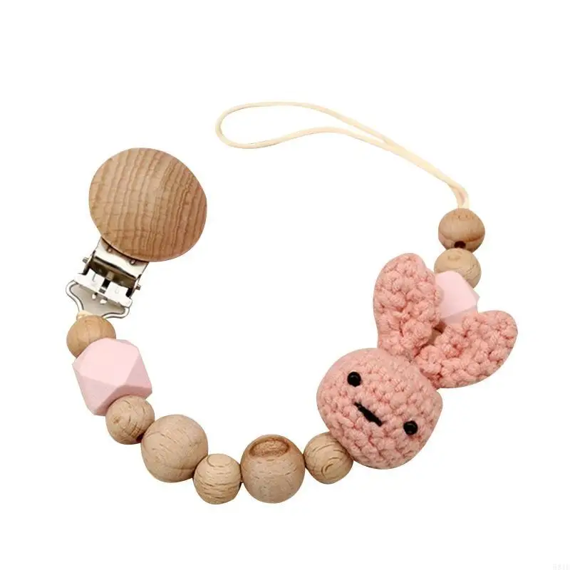 

581F зажим для детской соски, держатель для соски для кормления, деревянные бусины, вязанный крючком кролик, зажим для зубов,
