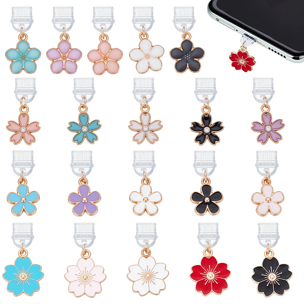 20Pcs Dust Plug Charm 1~1.2 Inch Long Anti Dust Plugs Flower Dustproof Plugs C Port Caps Protector with Alloy Enamel Pendants