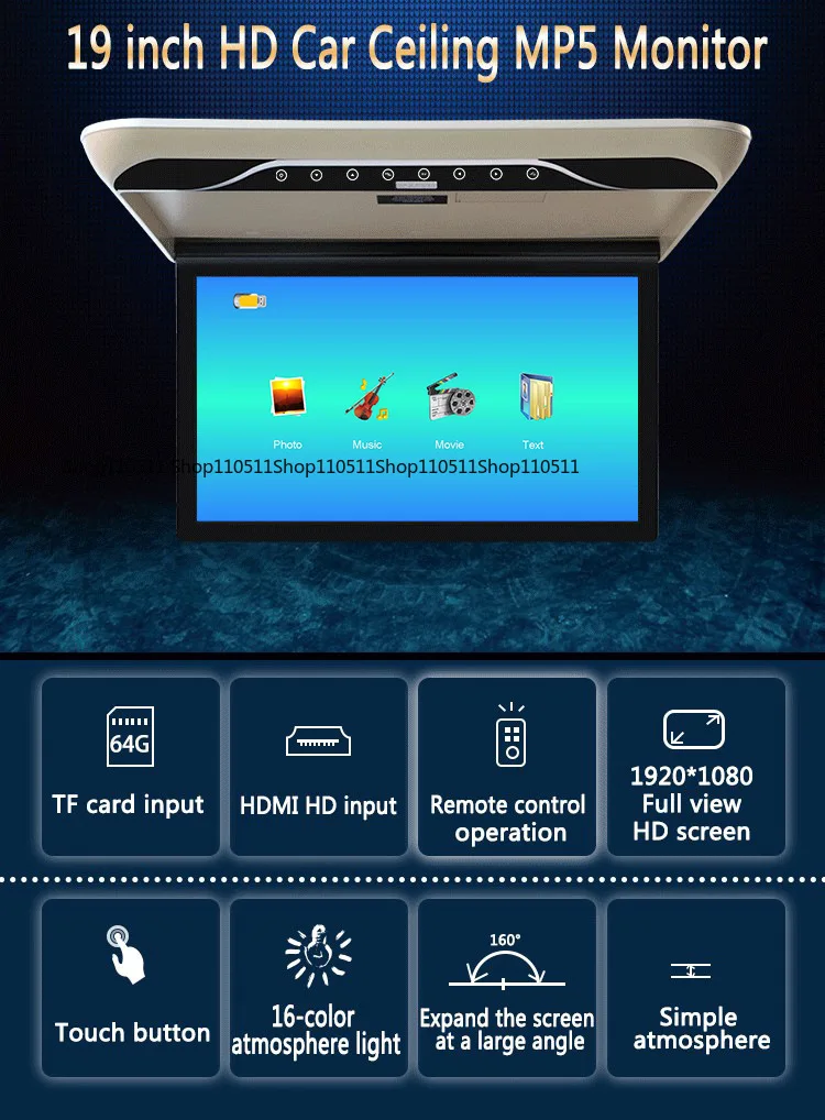 19 Inch Multimedia Video Player Car Monitor Universal Car Ceiling MP5 Monitor with HDMI Input Support USB/TF/FM