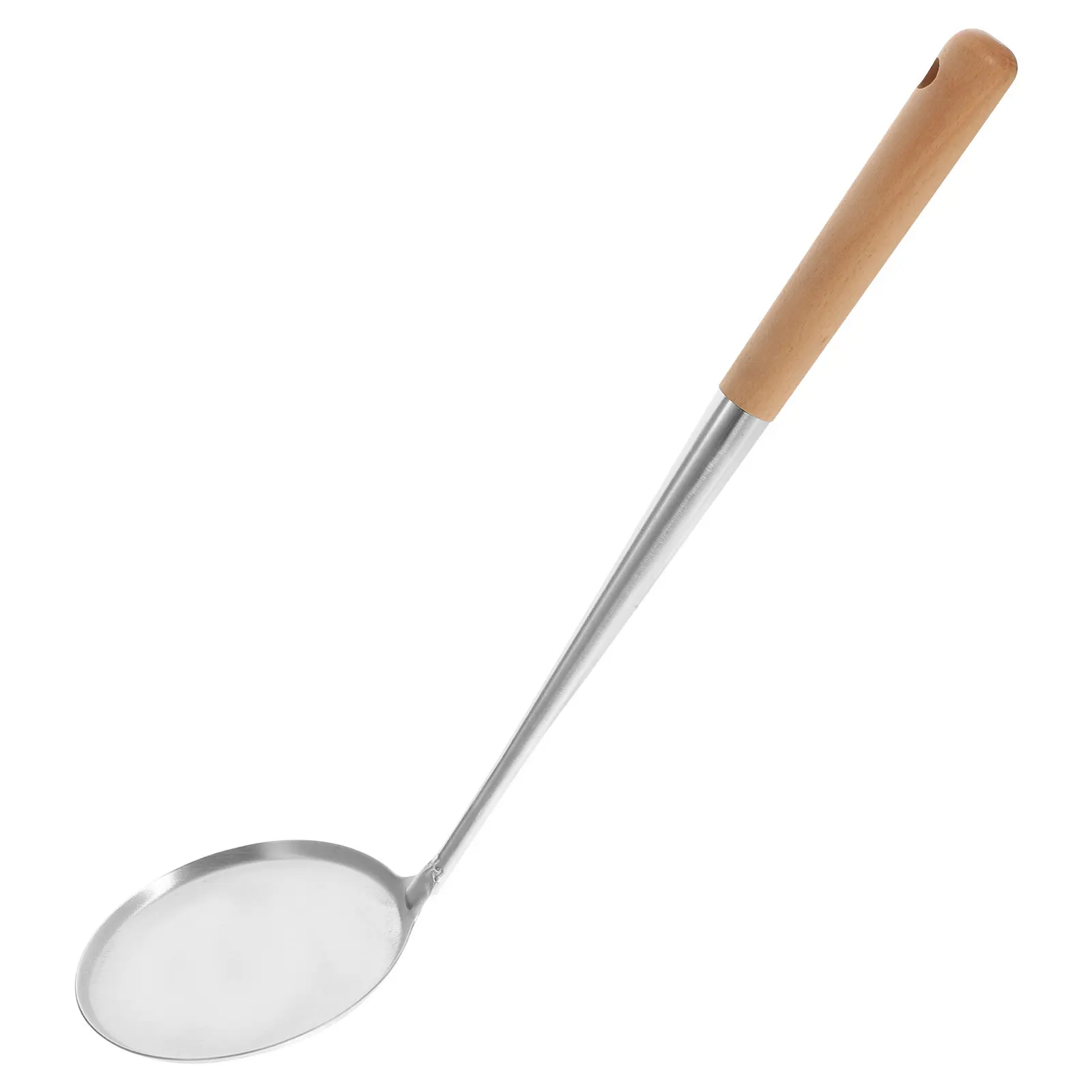 Cuchara para freír de acero inoxidable con mango ergonómico de madera, ideal para aperitivos fritos caseros, tortitas, y para preparar funnel cake en la cocina.