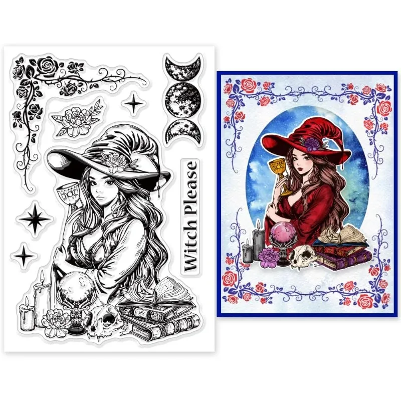 1 arkusz czarownicy i faza księżyca przezroczyste znaczki do tworzenia kartek magiczne kobiety silikonowe przezroczyste pieczęcie pieczęcie przezroczyste znaczki dla majsterkowiczów