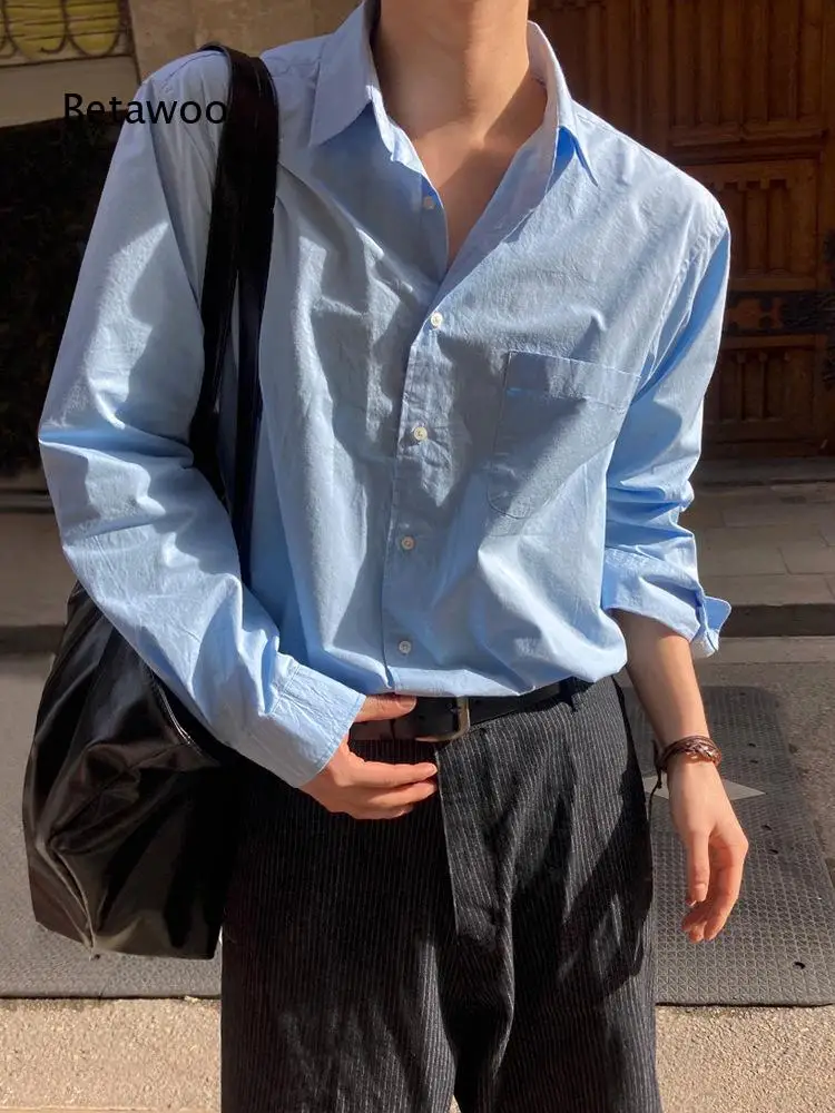 Mature Style Casual Shirt For Men Spring Autumn Loose Long Sleeve Blouse Korean Commute Solid Color Top Suitable For Office And