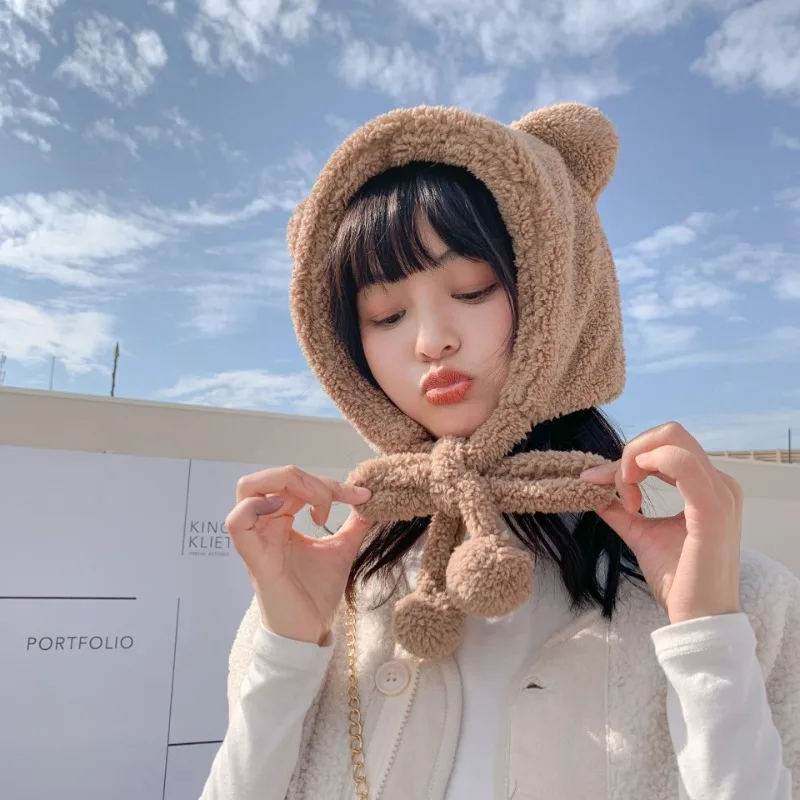 Cute Plush Bear Ears Beanies Women Autumn Winter Warm Hat Earflap Earmuff Windproof Cap Thicken Wool Outdoor Solid Fleece Hats