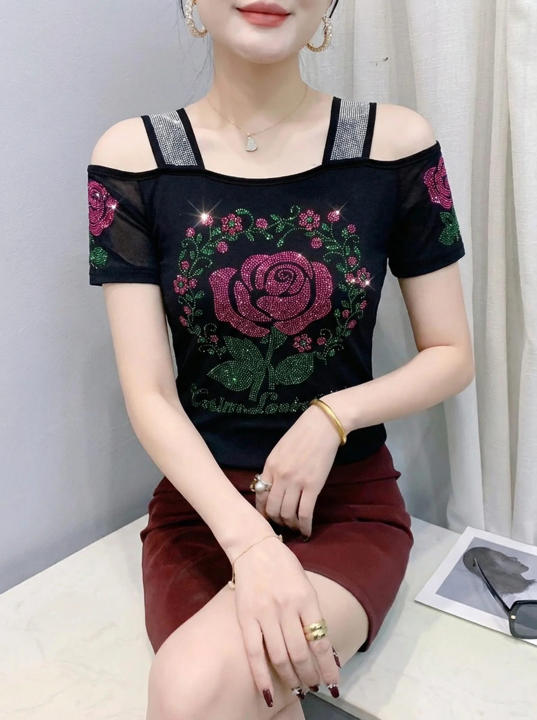 New Designer Hot Diamond Mesh T-Shirt Women Korean Style Sexy Off Shoulder Slim Tee Summer Casual Streetwear Tops