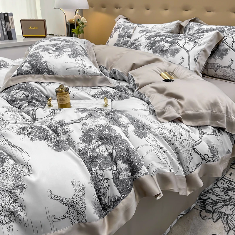 800TC Lyocell Luxury Bedding Set Jungle Animal Pattern Duvet Cover With Pillowcases Flat/Fitted Bed Sheet Soft Cooling Bed Set