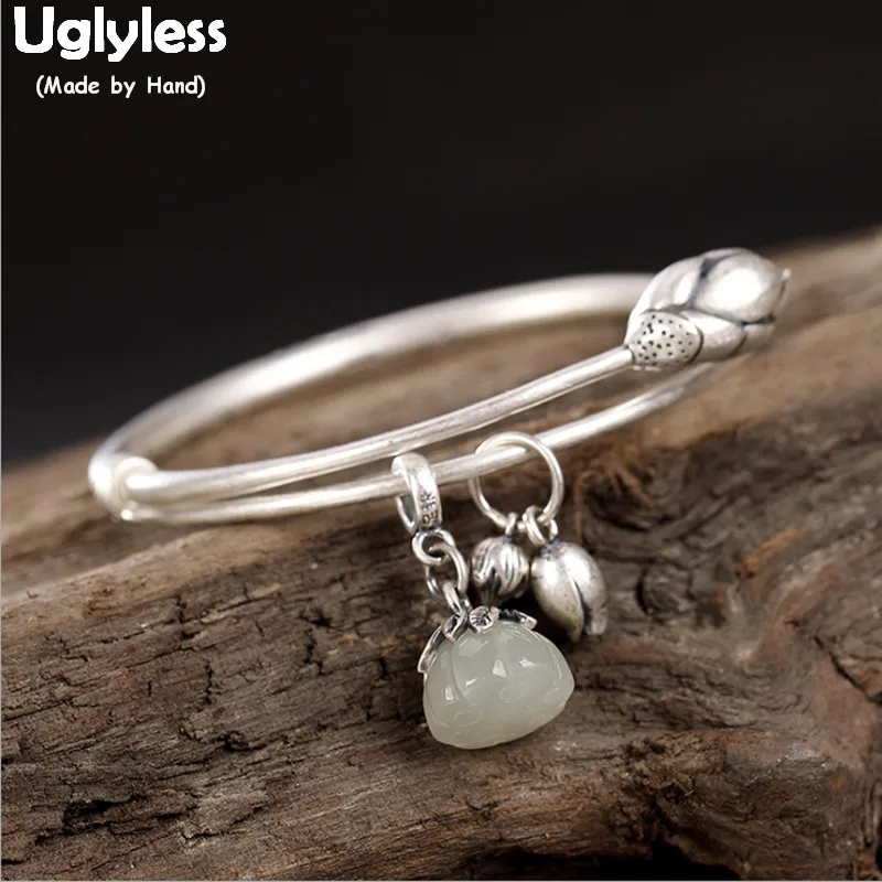 

Uglyless Ethnic Solid 99% Pure Silver Lotus Bangles for Women Classic Push-pull Adjustable Silver Charms Bangle Jade Lotus BA568