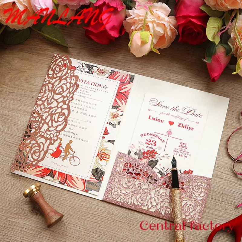 Kits de tarjetas de invitaciones de boda de lujo personalizados, bolsillo Rosa hueco cortado con láser, invitaciones de boda con sobres