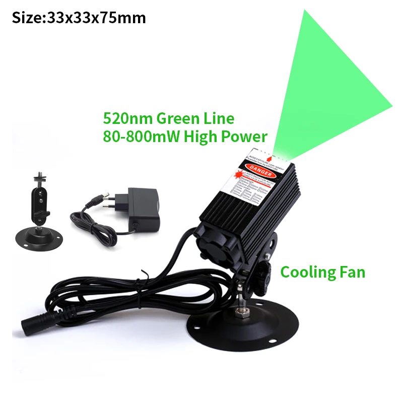 12V 520nm Green Line Laser Diode Module 80mW-800mW with Cooling Fan Free Bracket & Adapter Included