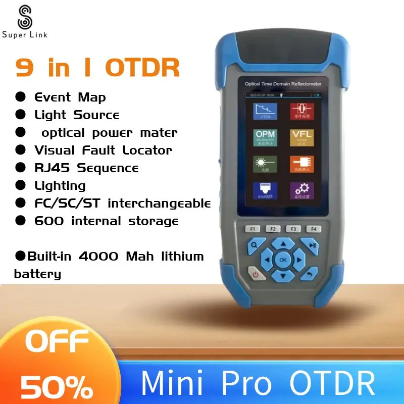 

Fiber Optic Mini OTDR Reflectometer 1310/1550nm 22/24dB for 60km with 9 in1 VFL OLS OPM Event Map English Spanish Russian OTDR