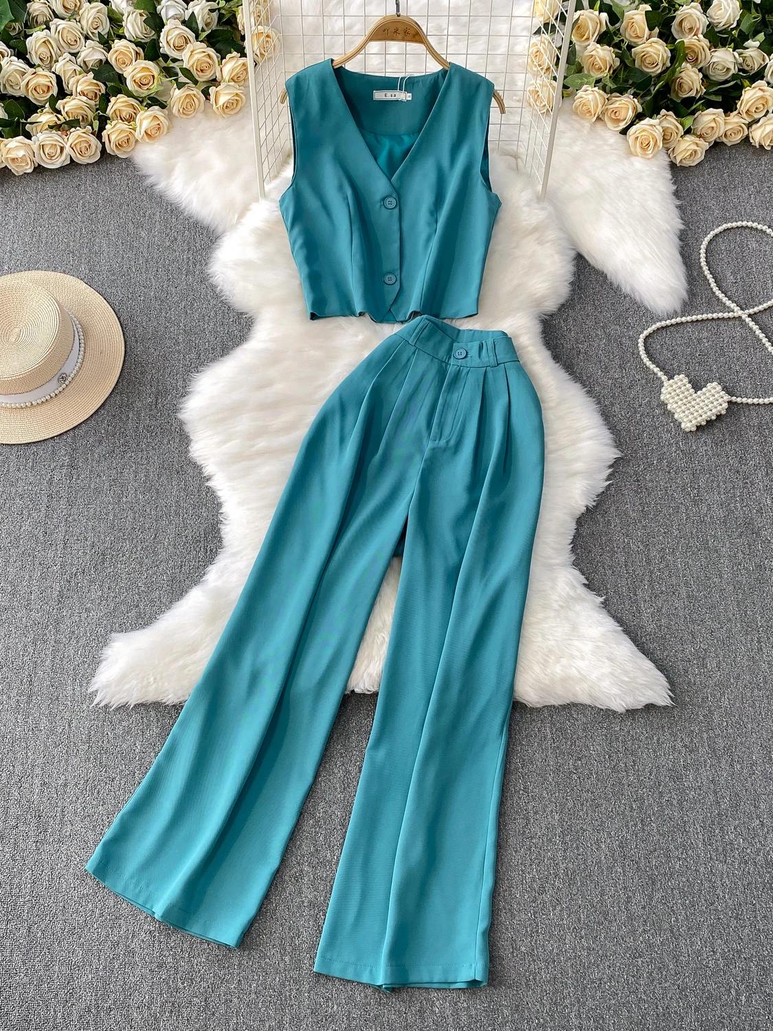 

Slimming High Waist Wide Leg Pants Two-Piece Set V-Ne Svel Vest Faionable Busin Casual Women's Ensemble