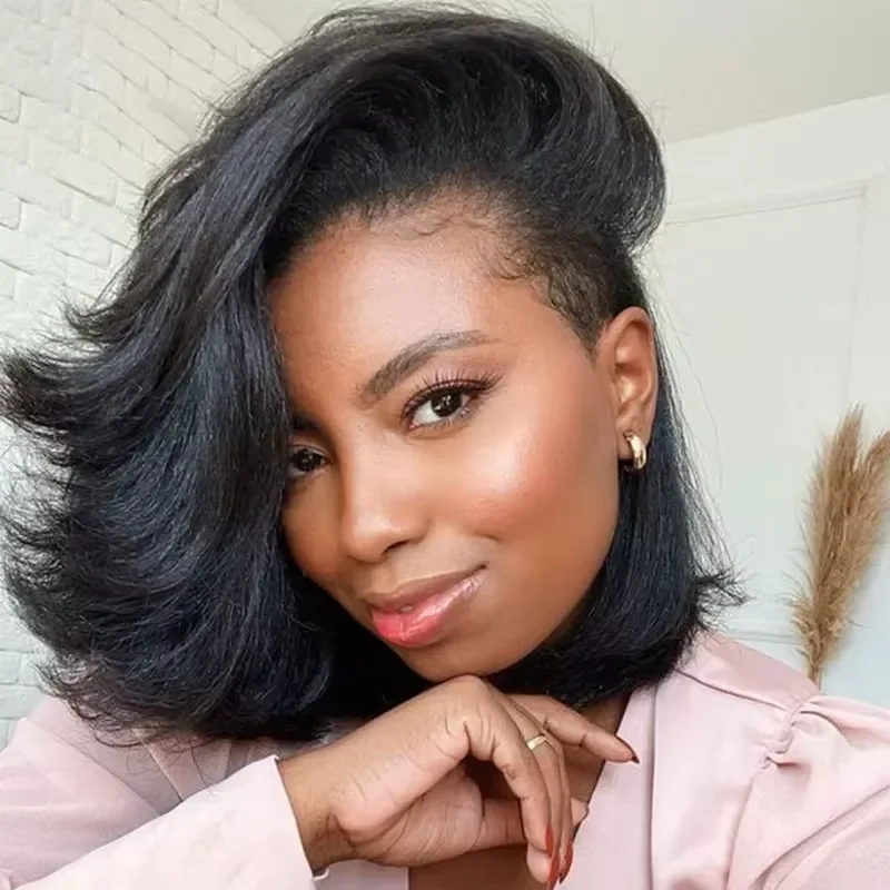 

Peruvian Kinky Straight 250% Density Short Bob 13x4 HD Lace Front Human Hair Wig Pre Plucked Glueless Lace Frontal Wig For Women