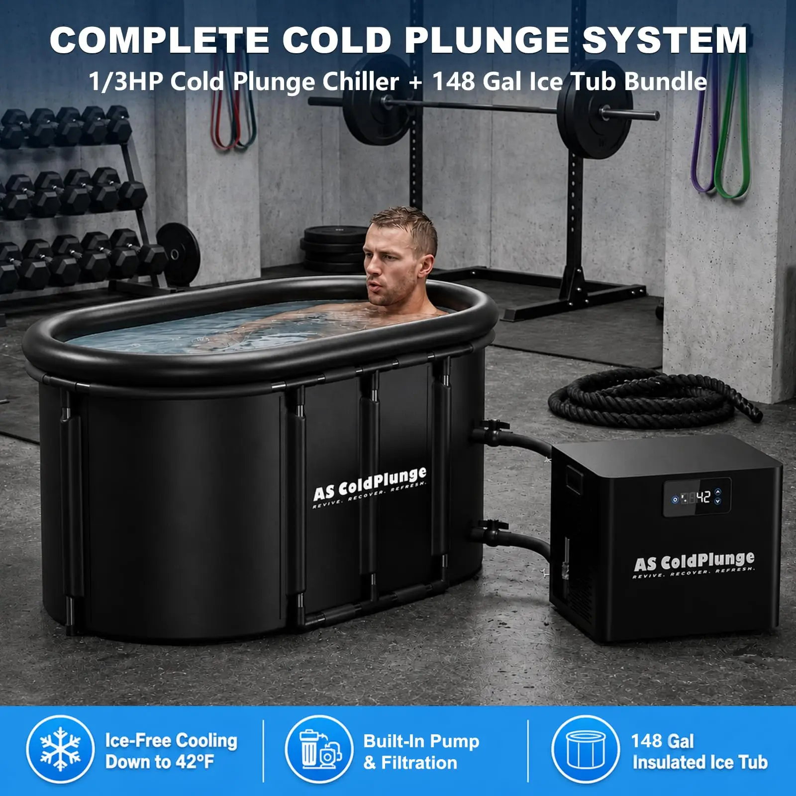 Ice Bath Chiller & Cold Plunge Tub Kit, 1/3HP Cold Plunge Chiller with Built-in Pump & Filter, Upgraded XXL 148Gal Ice