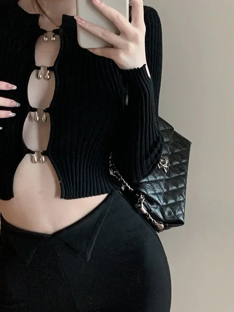 Knitted Sexy Long Sleeved Black Ice Silk Long sleeve Knit Women Autumn New  Slim fit Inner wear Gyaru Sexy Hollow Short Top