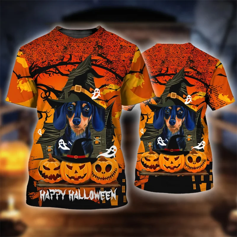 3D Printed Happy Halloween T-Shirt For Men Cute Lantern Cat Dog Pattern Tees Leisure Short Sleeve Round Neck Tops Loose T Shirts