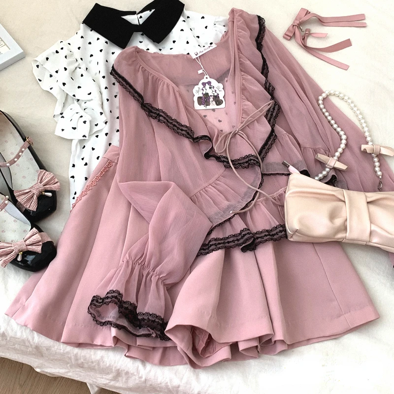 Japanese Sweet Lolita Style Short Cardigan Women Kawaii Lace Reffles Lace-ups Chiffon Coat Korean Fashion Gothic Y2k Crop Tops