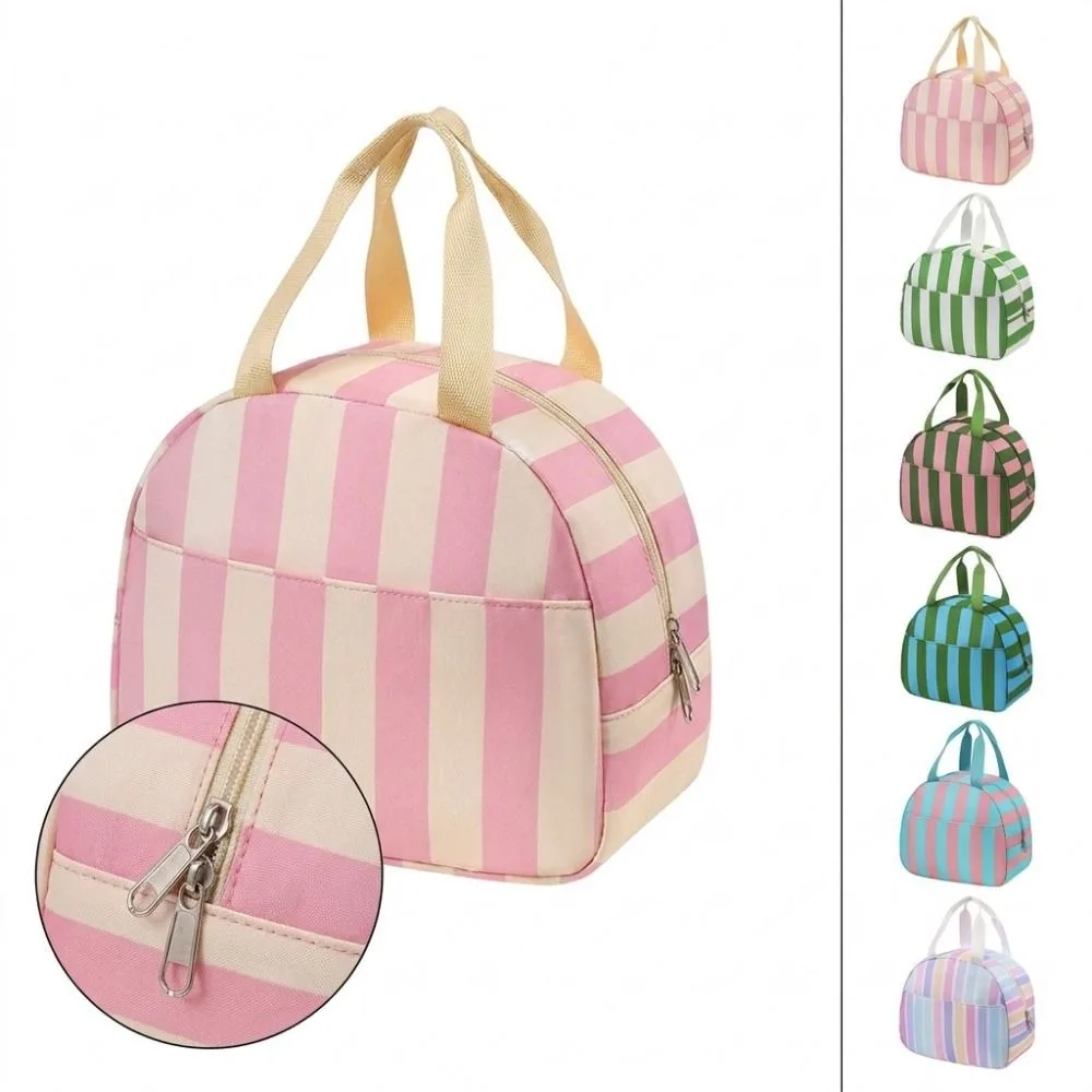 Casual Striped Insulated Lunch Bag Leakproof Reusable Food Tote Bag with Handle Handheld Food Thermal Box Outdoor