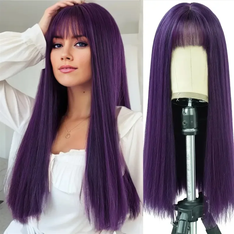 

Wig Women's Purple Long Straight Hair with Full bangs Simulated Scalp Long Hair Full Head Cover