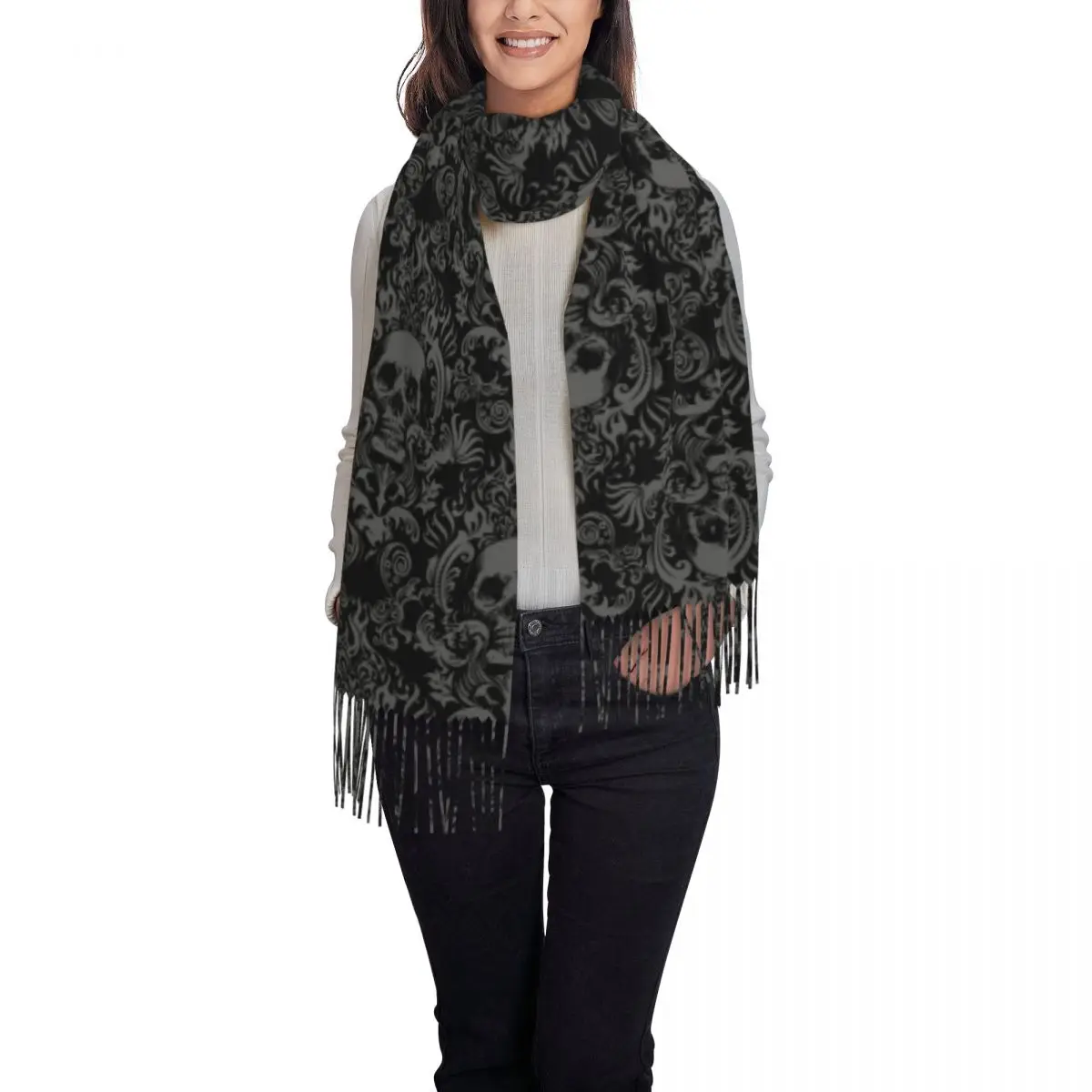 Custom Print Vintage Halloween Gothic Black Skull Damask Scarf Women Men Winter Fall Warm Scarves Shawls Wraps