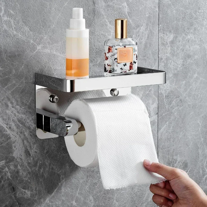 Toilet paper rack 304 stainless steel tissue holder, mobile phone rack, non-punching bathroom roll holder