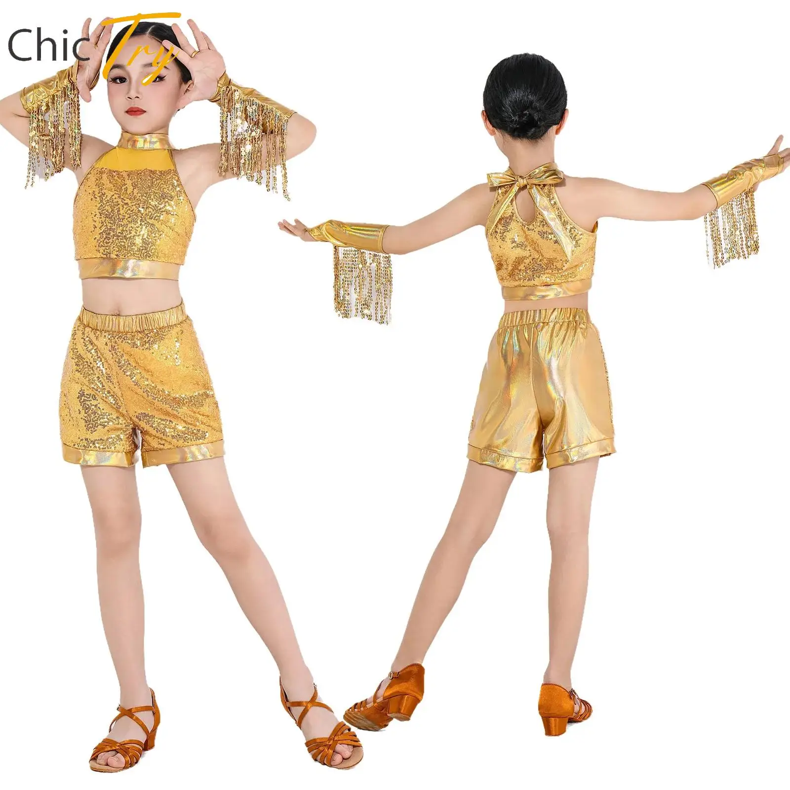 

Girls Latin Cha-cha Dance Outfits Kids Stage Performance Party Costume Halter Sleeveless Sequin Crop Top+Shorts+Gloves Dancewear