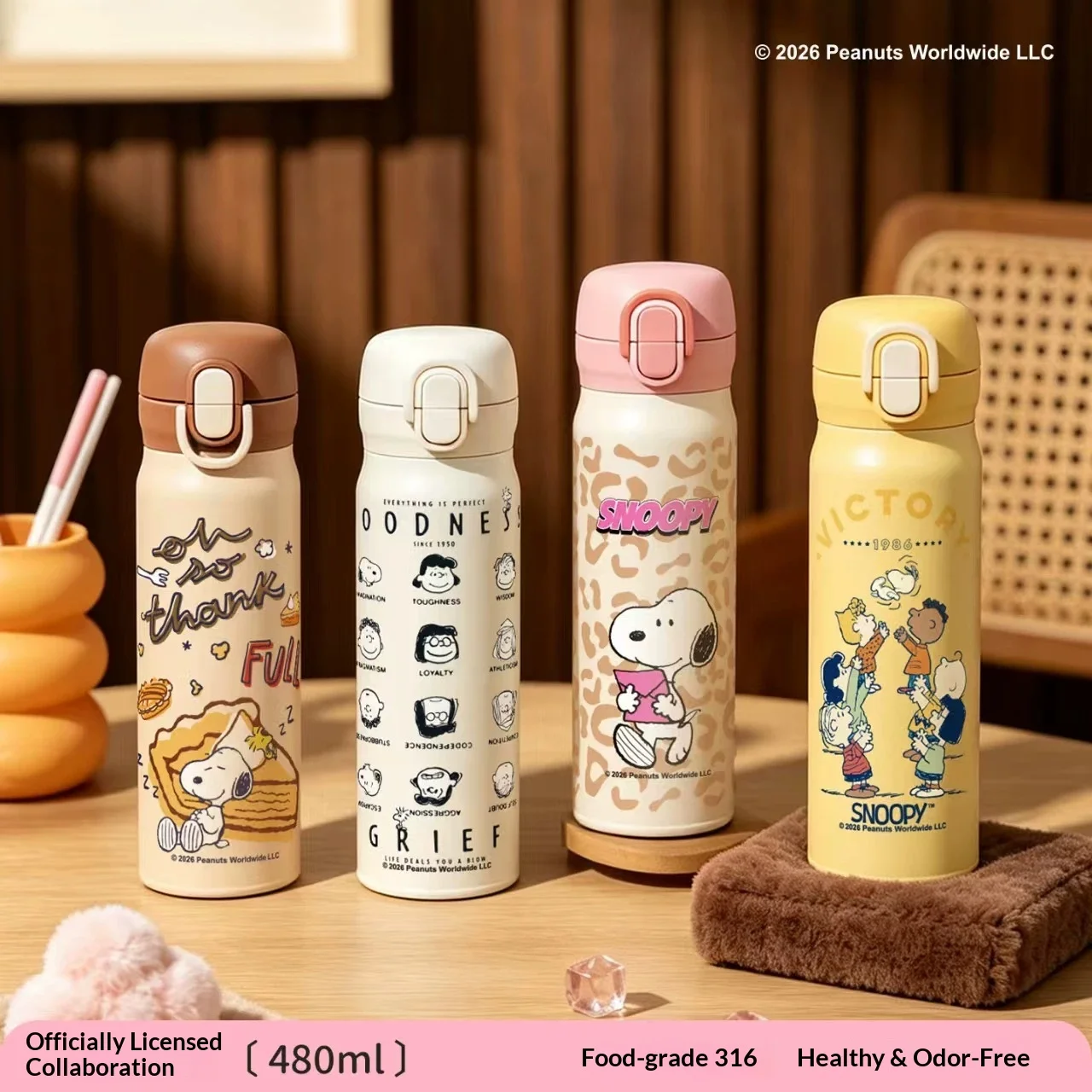 Figuras de Anime Snoopy, Taza Aislada con Aislamiento Térmico 316, Taza con Pajita de Snoopy para Estudiantes, Botella de Agua de Gran Capacidad de 480 ml, Regalos de Cumpleaños