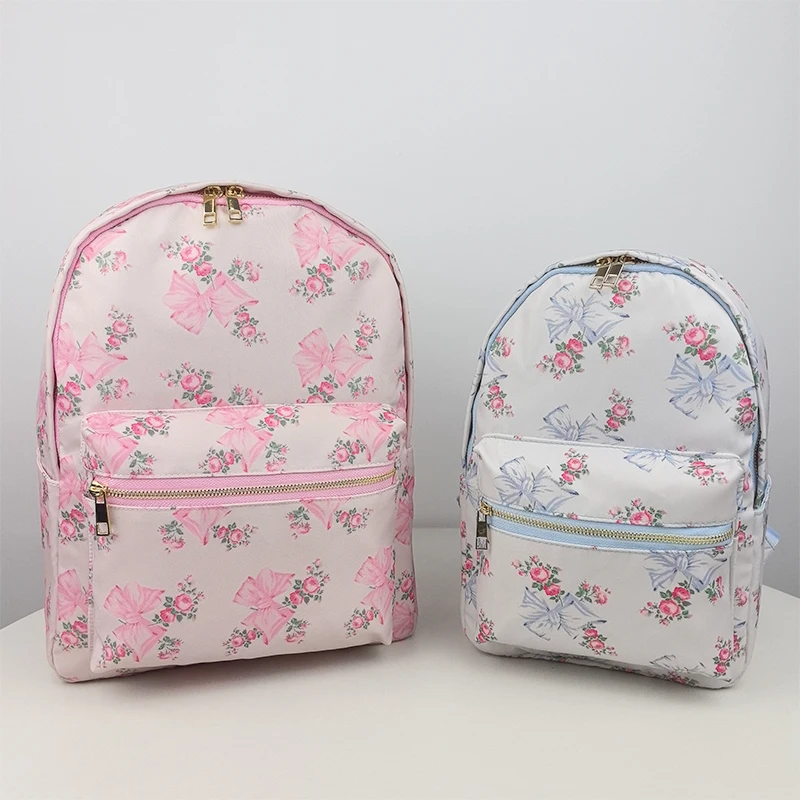 New Nylon Waterproof Blue Powder Print Bow Laptop Backpack For Girl Large Capacity Fashion Schoolbag Oernight Weekend Travel Bag