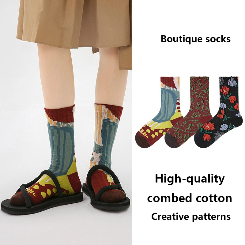 

2024 New Trend Medium Socks Literary Print Women's Socks High Quality Flower Socks Retro Style Combed Cotton Warm Women's Socks