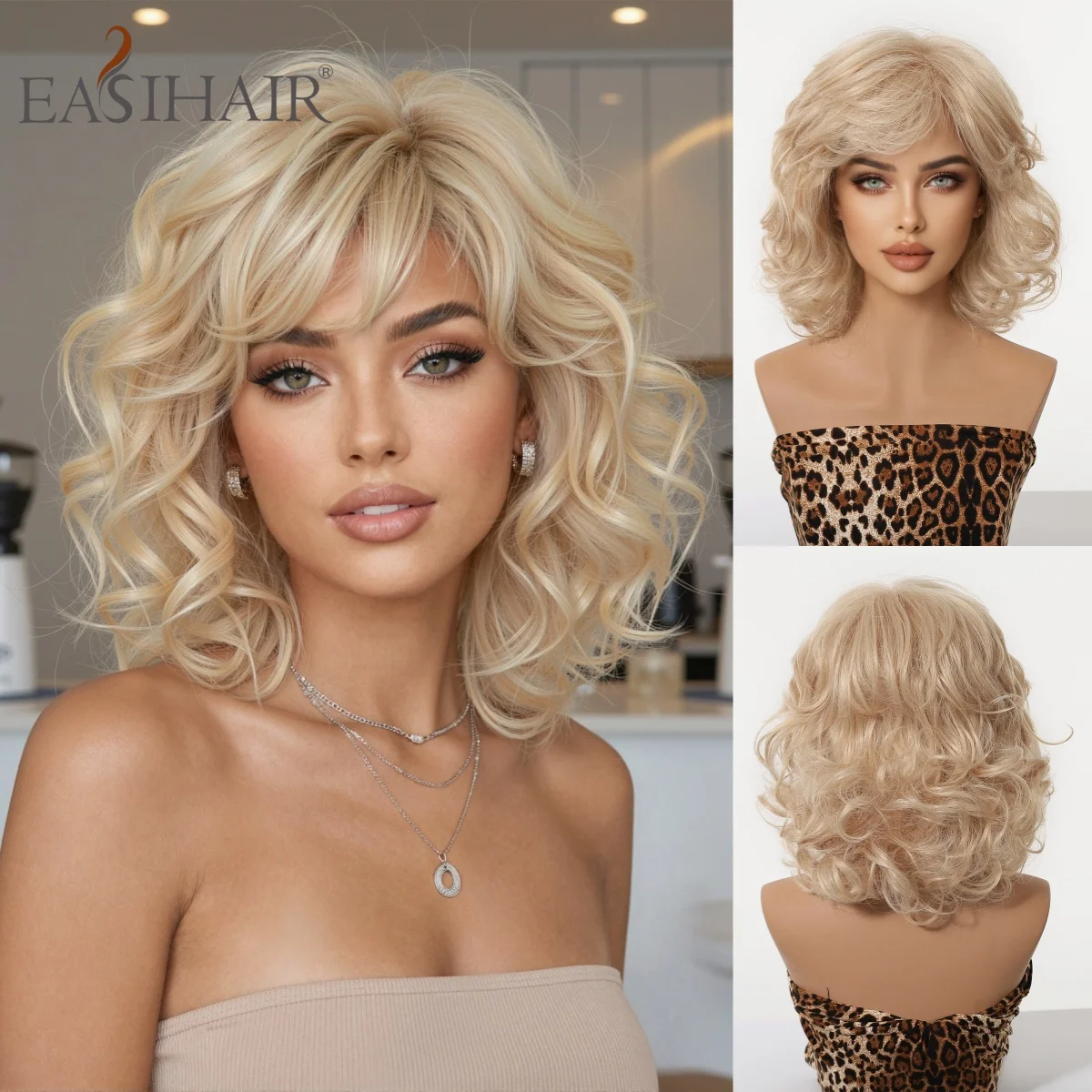 Platinblonde, kurze, gewellte Bob-Perücke mit Pony, hitzebeständige Kunstfaser-Perücke für Frauen, natürlich aussehend, für den Alltag, Party, Cosplay