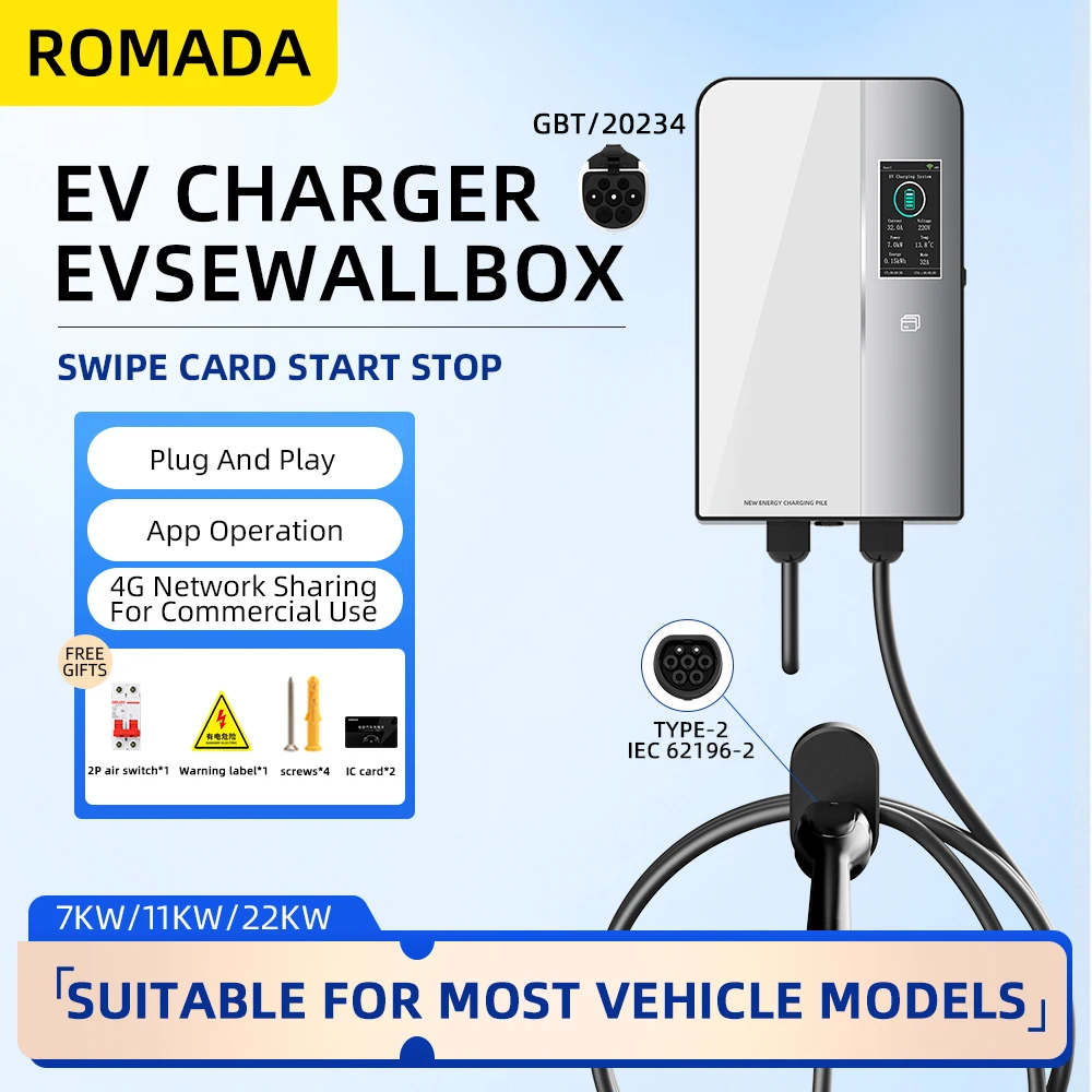 

ROMADA 32A 22KW Зарядная станция для электромобилей Wallbox Автомобильное зарядное устройство с кабелем GBT20234 IEC62196 Type2 Зарядное устройство для электромобиля с управлением через приложение