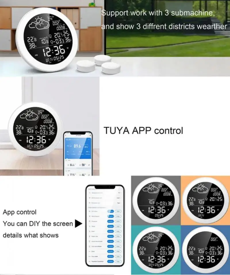 TUYA Wifi LCD นาฬิกาดิจิตอลอุณหภูมิความชื้นในร่มกลางแจ้งสมาร์ทเครื่องวัดอุณหภูมิเครื่องวัดความชื้นสถานีอากาศ TH Sensor