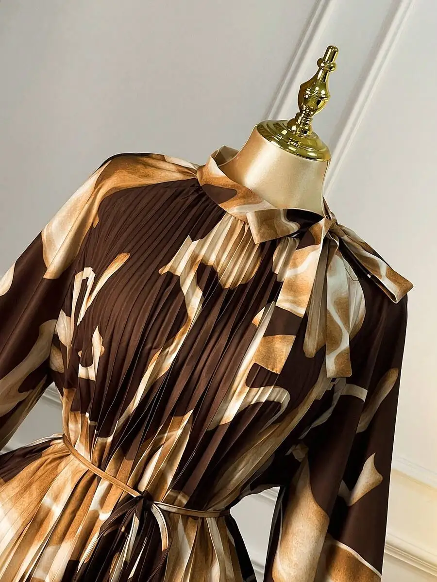 

Elegant Brown Multicolor Pleated Midi Dress With Long Sleeves And Bow Neck For Women Autumn