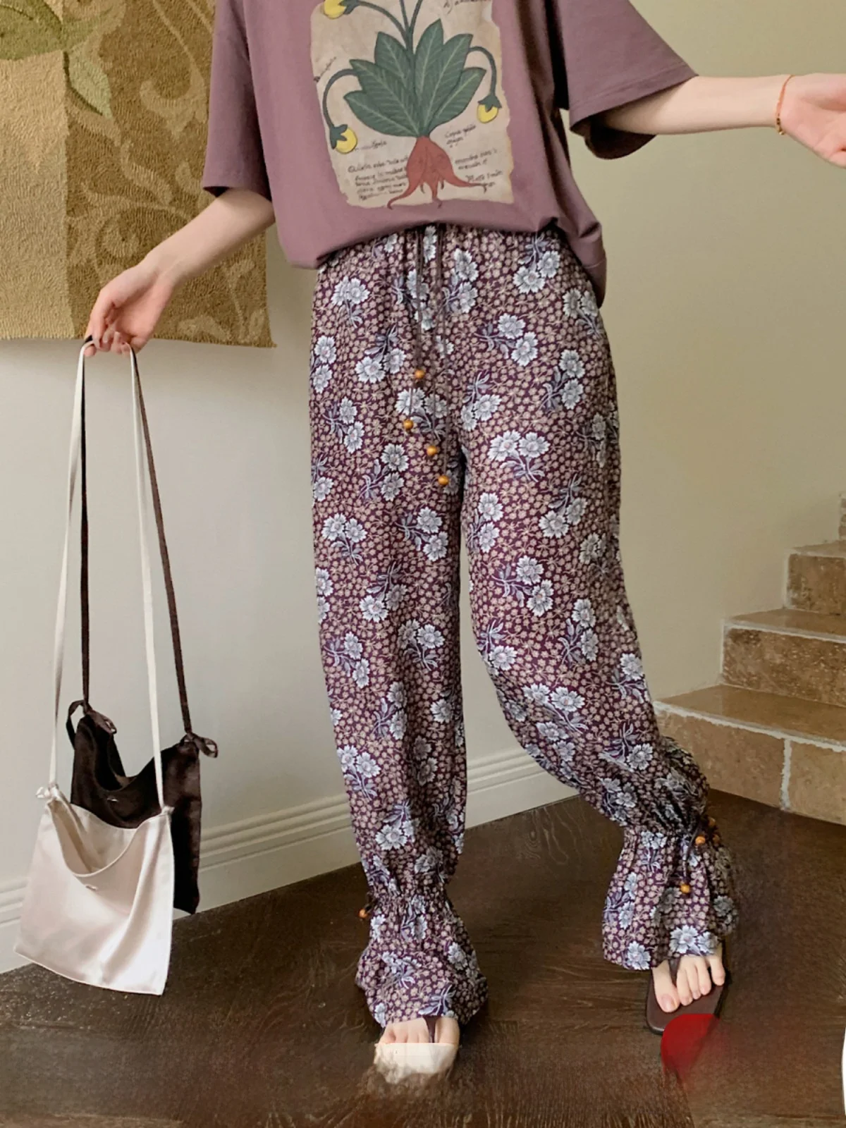 

Floral Dstring Casual Pants Long Straight Tube Loose Fit l Waist Simple Commute Sle Eco-Friendly Fiber