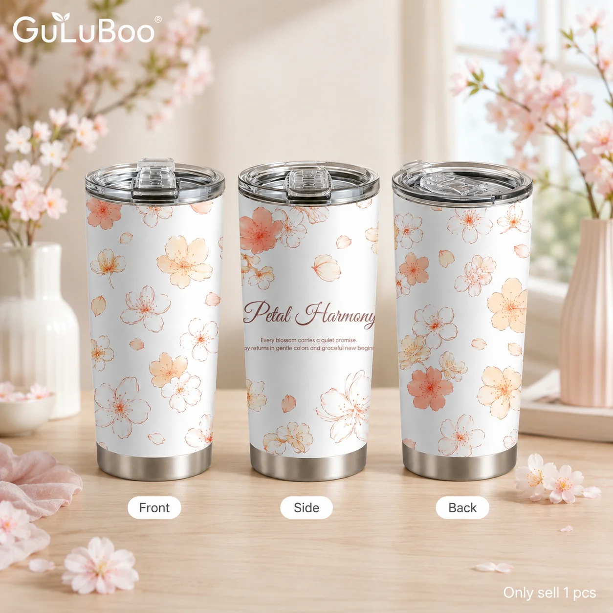 Sakura Petal Blooming Vacuum Flasks 0oz Coffee Cup With 2 Lids And Reusable Straw, Double Wall Tumbler For Iced Or Hot Drinks