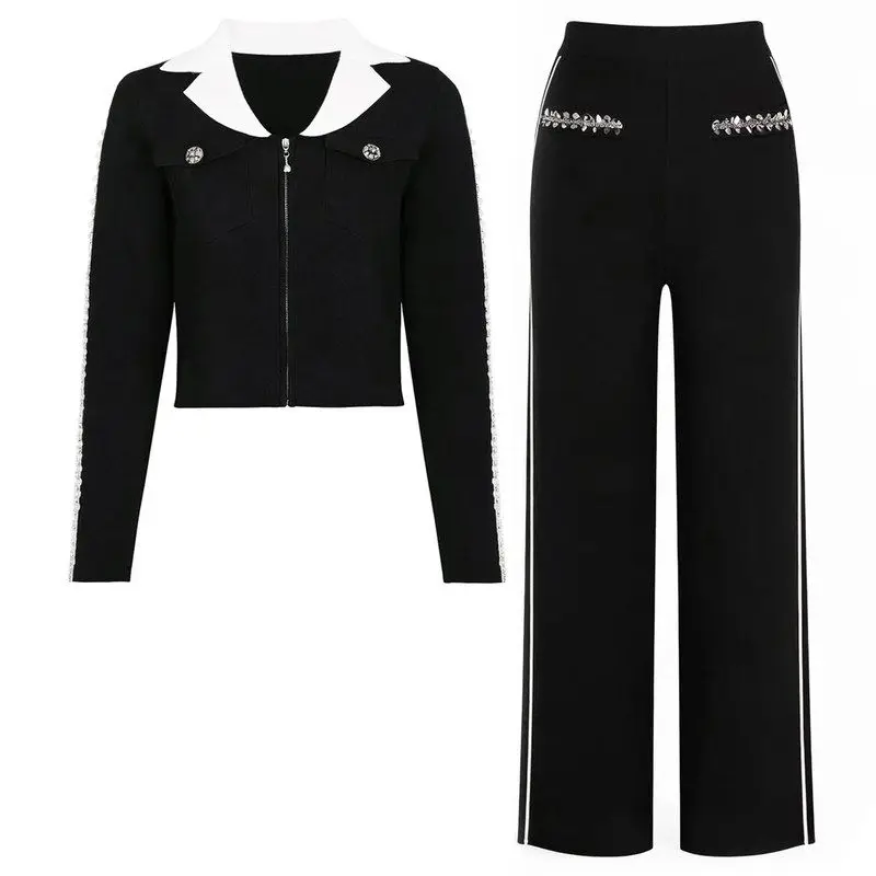 

High-Quality Knitted Casual Style Spring Autumn New Pearl Embellished Top Bottoms Set Elegant Atmosphere Fashionable Women's ...