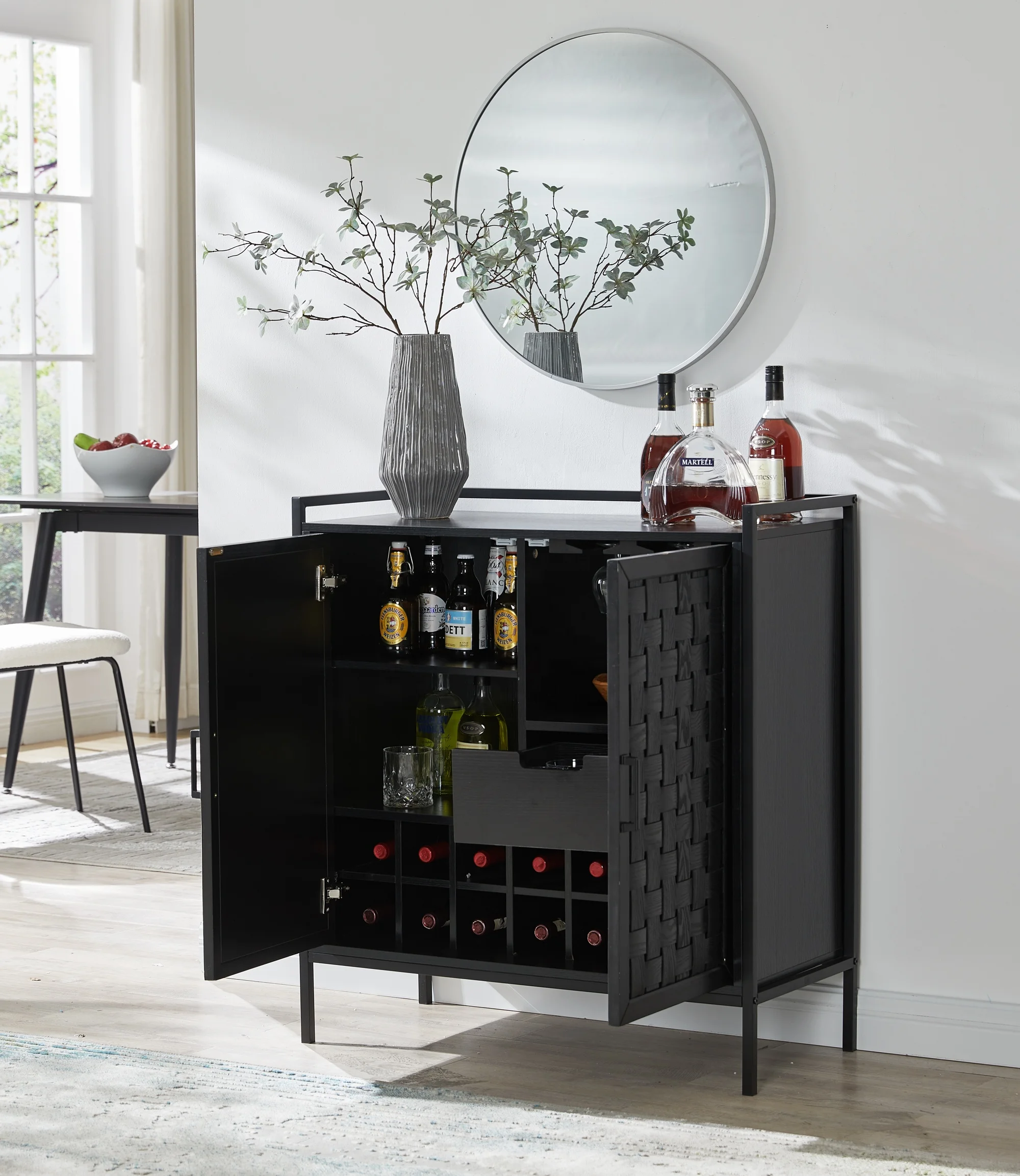 Bar Cabinet with Wine Rack and ash wood door whole KD funiture