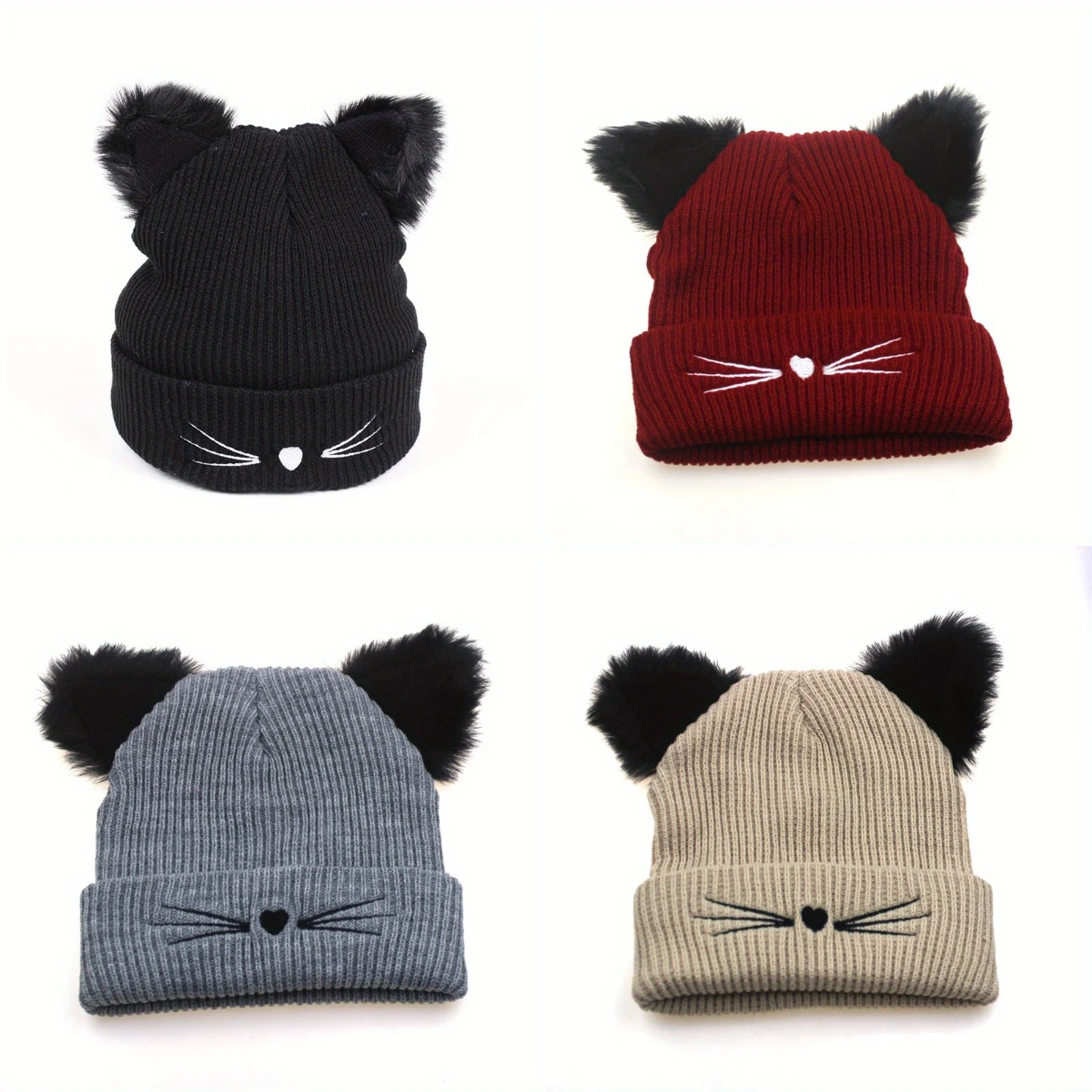 Personalized Cat Beard Embroidery Brimless Cap Fashion Solid Color Simplicity Warmth Hooded Cat Ear Design Winter Knitted Hat