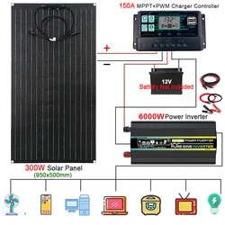 6000W 4000W Pure Sine Inverter 300W Solar Panel 150A Controller Emergency Solar Power Generator Battery Charger 12V to 110V 220V