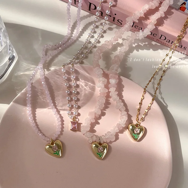 Stackable Pink Zircon Tulip Heart Pearl Choker for Women Sweet Cool Necklace Layered Daily Lightweight Versatile Gift
