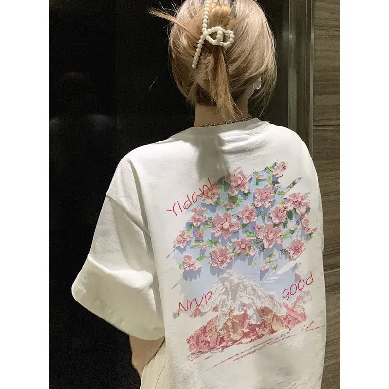 EBAIHUI American Vintage Casual Short Sleeved T-shirt Summer Loose Print Versatile Women's T Shirt Korean Flower Tee