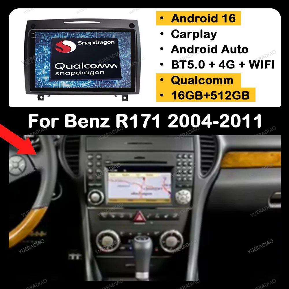 Rádio Automotivo Android 16 para Mercedes-Benz SLK-Class SLK Class R171 2004 - 2011 GPS NAVI Unidade Principal Multimídia Reprodutor de Vídeo BT 2DIN