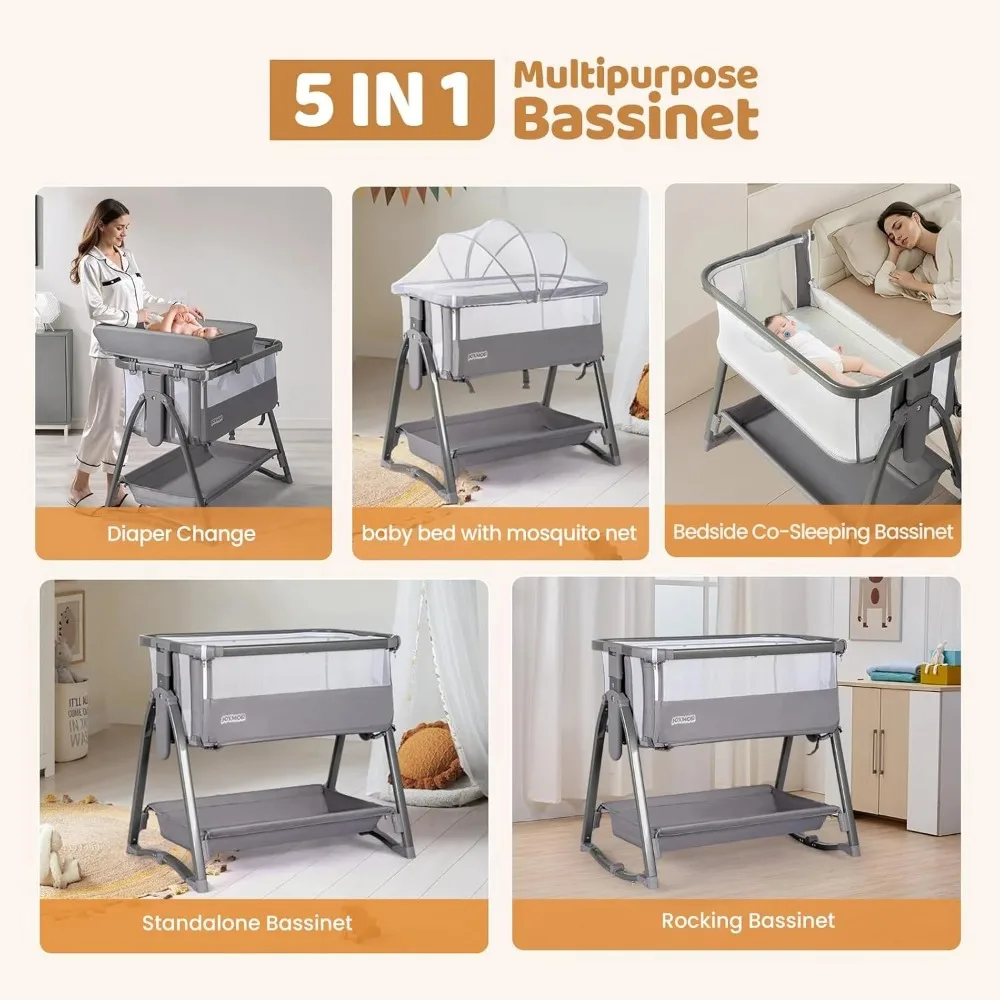 5 in 1 Bedside Bassinet with Changing Table, 7 Height Adjustable, Convert to Rocking Mode for Newborn