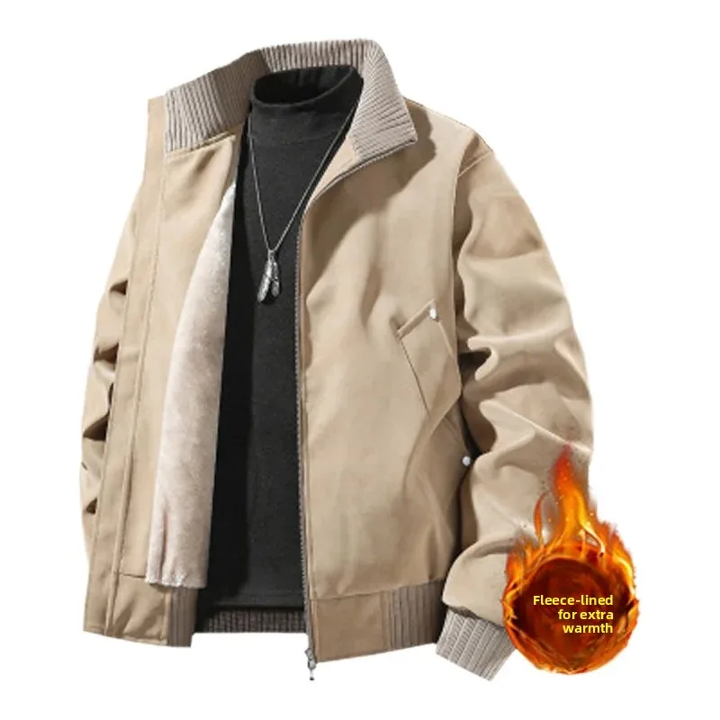 New Autumn Winter Fleece‑Lined Jacket for Men Solid Color Loose PU Leather Coat Plus Size Simple High‑Grade Men's Outerwear Tops