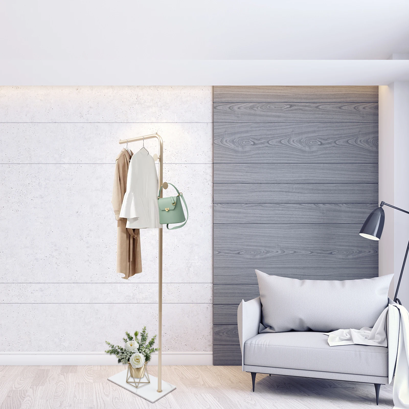 رف معطف معدني قائم بذاته، حامل معطف بقاعدة من الرخام الطبيعي مع 3 خطافات، منظم شجرة قاعة المدخل للسترات والقبعات والحقائب #1