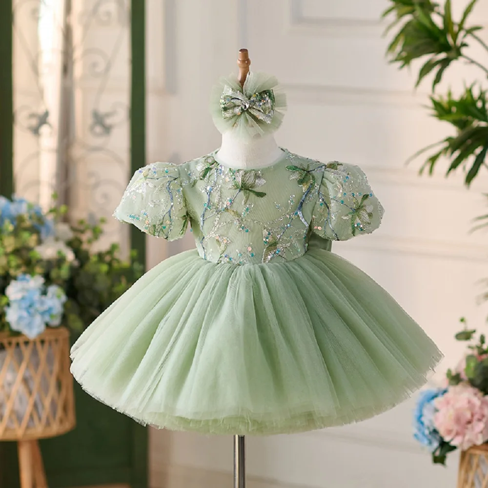 children's-dress-2024-new-green-bubble-sleeve-mesh-girl-evening-dress-mesh-birthday-party-fluffy-girl-princess-dress