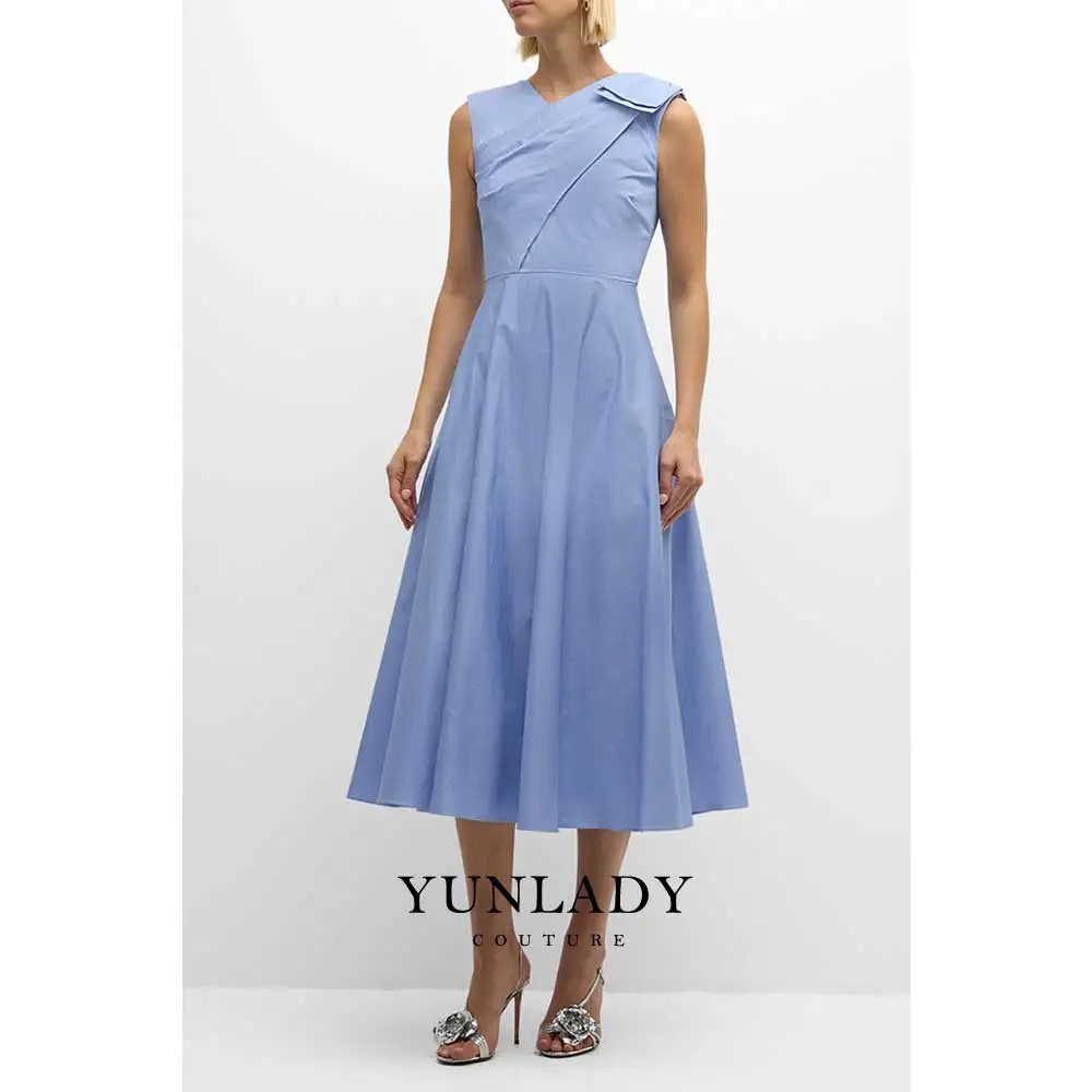 YUNLAN Sky Blue Sleeveless Taffeta Bow Midi Mom Dress 2024 Saudi Women Wedding Prom Special Occasion Party V Neck Evening Dress