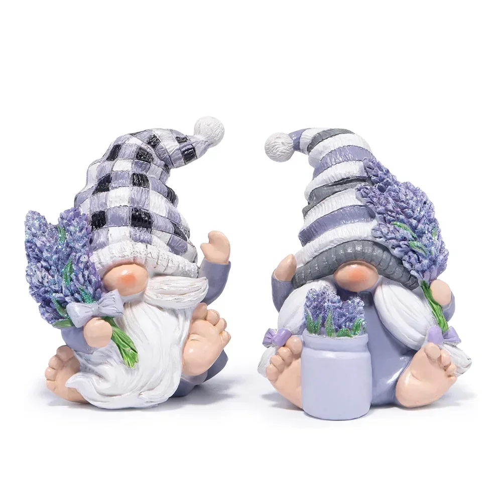 Hodao Resin Lavender Gnome Figurine Set of 2, Spring Floral Couple with Bouquet, Jar, Plaid Hats, Tabletop Shelf Farmhouse Gift