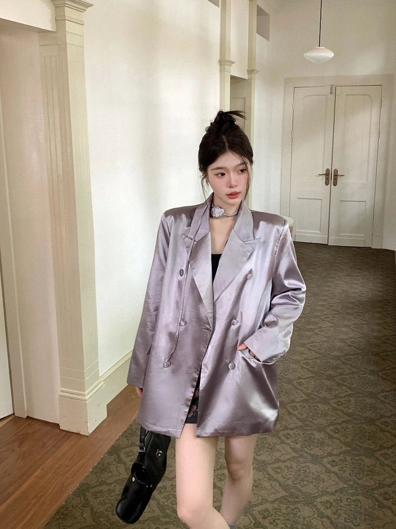 2024 High-grade Pink Purple Satin Women‘s Suit Loose Jacket Spring and Autumn Pad Shoulder Blazer Solid Office Lady Suit Top