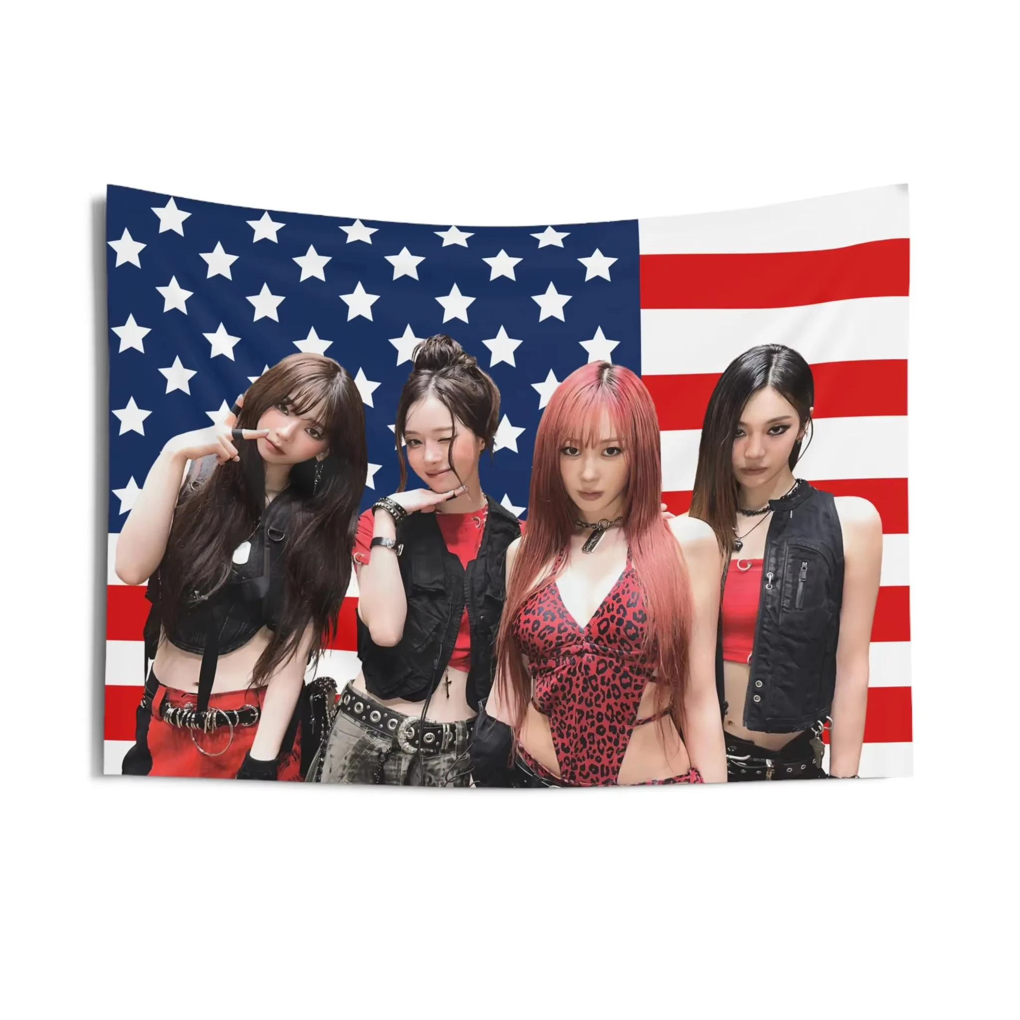 Aespa Giselle Curly Hair Wandteppich mit amerikanischer Flagge bedruckt |   Kpop-Konzertbanner, Wandbehang-Dekoration für Schlafzimmer & Party