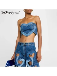 TWOTWINSTYLE Hit Color Set For Women Strapless Sleeveless Love Patchwork Sexy Vest Wide Leg Hollow Out Jeans Fashion Set Female