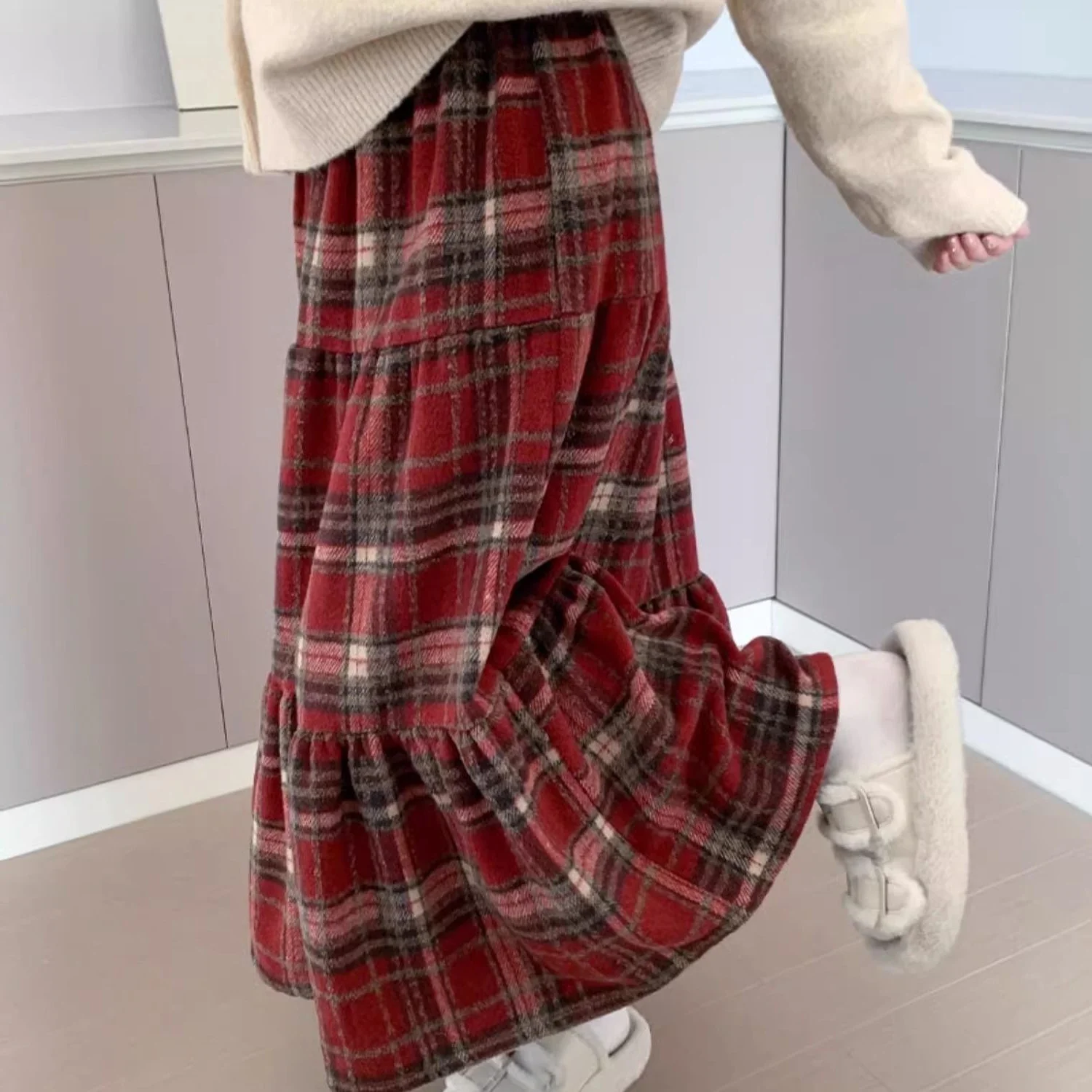 

plus Size 300 Pou Korean Sle Woolen Plaid High Waist A-Line Skirt Women's Long Umbrella Cake Skirt for plus Size Women
